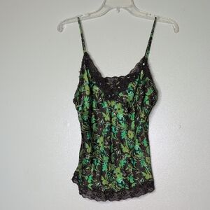 Ninety 100% Silk Floral Lace Trim Camisole Top Size L
